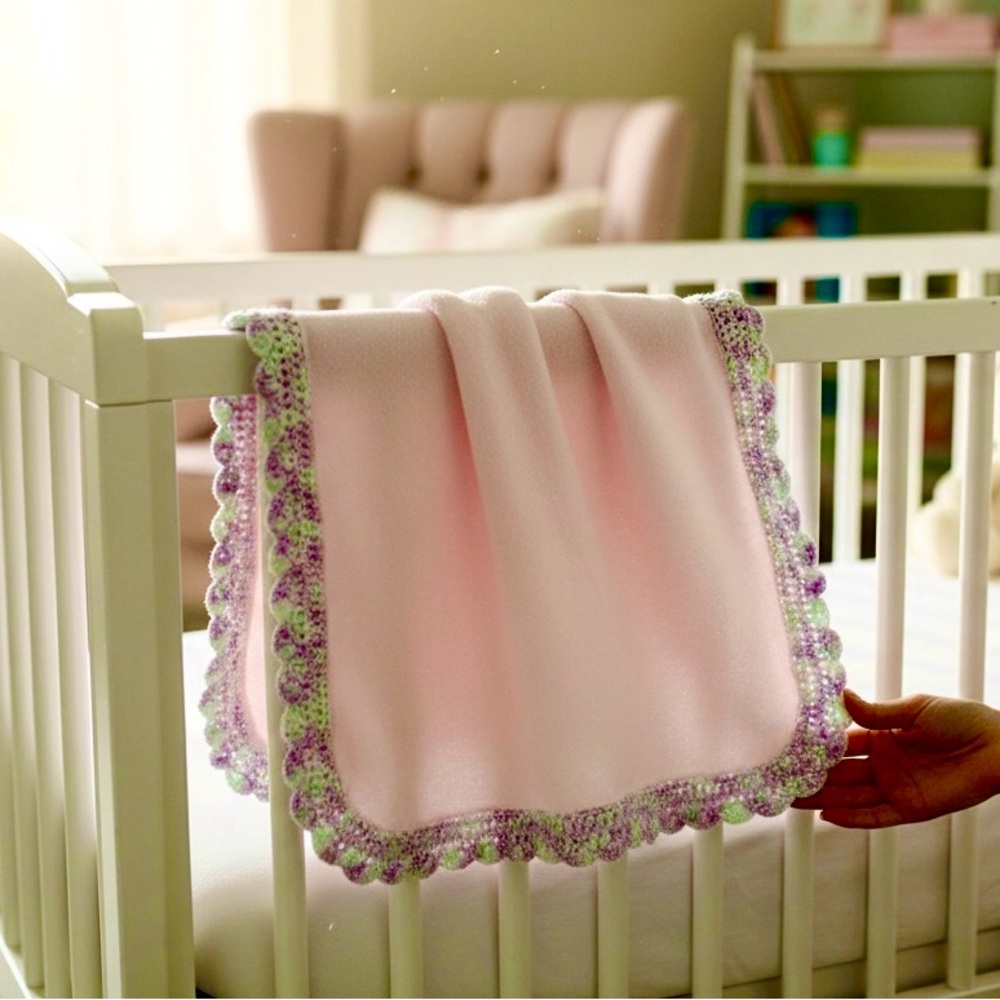 Baby Blanket Hat Set Hand Crafted Pink Purple Green White Fleece Crochet Knit